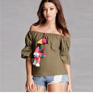 San Joy colorful tassel cotton top green size S